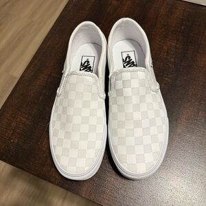 Checkered print white vans